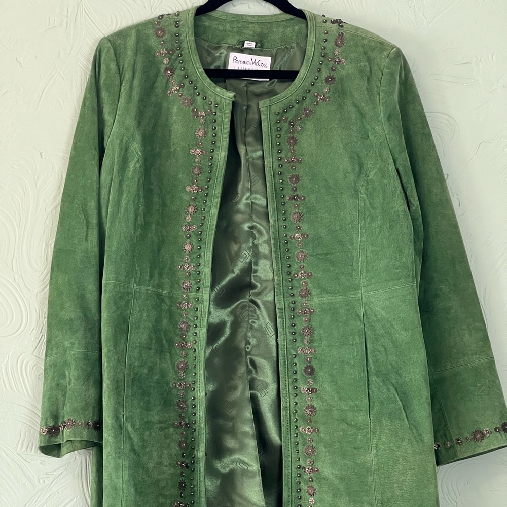 Pamela McCoy Green Swede Leather Jacket with Decorative Edging - Size Large